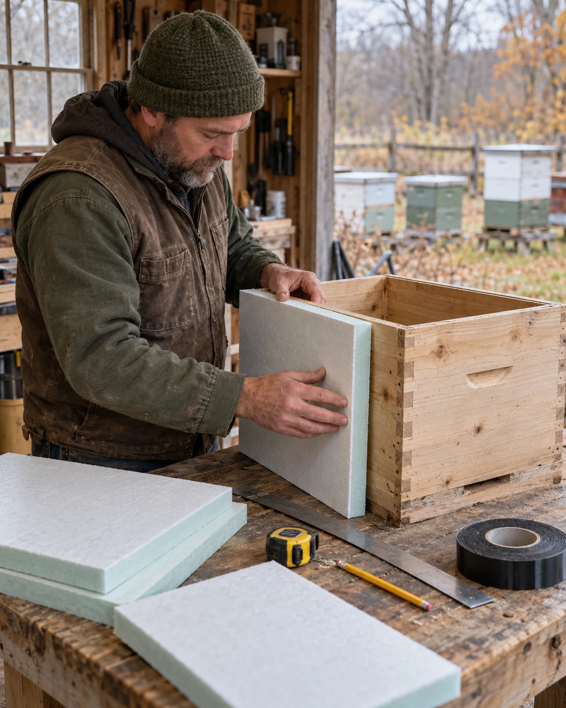 Illustrative beekeeper checking a DIY covering panel against a bare hive box.