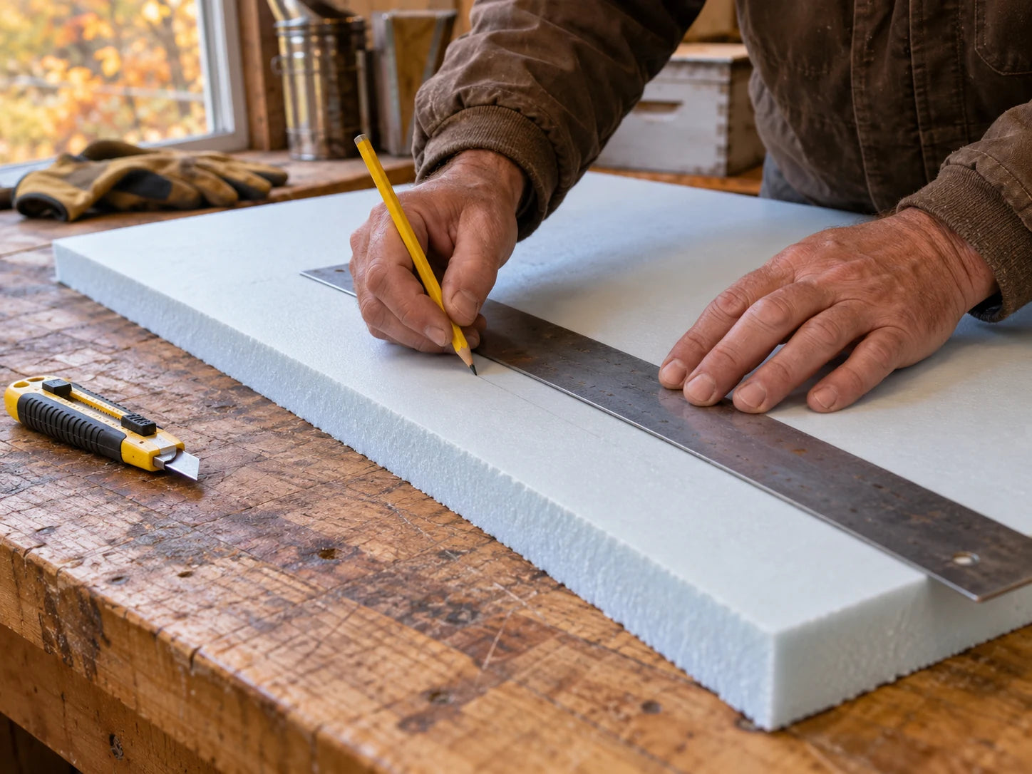 Illustrative hands marking an insulation panel beside a straightedge and cutting tool.