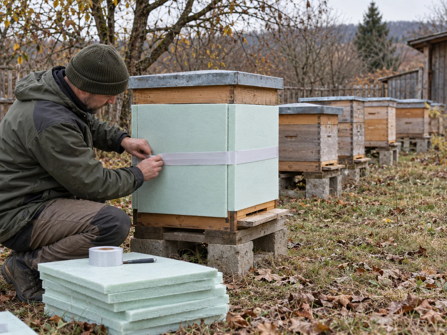 Illustrative beekeeper fastening DIY panels while other hives await preparation.