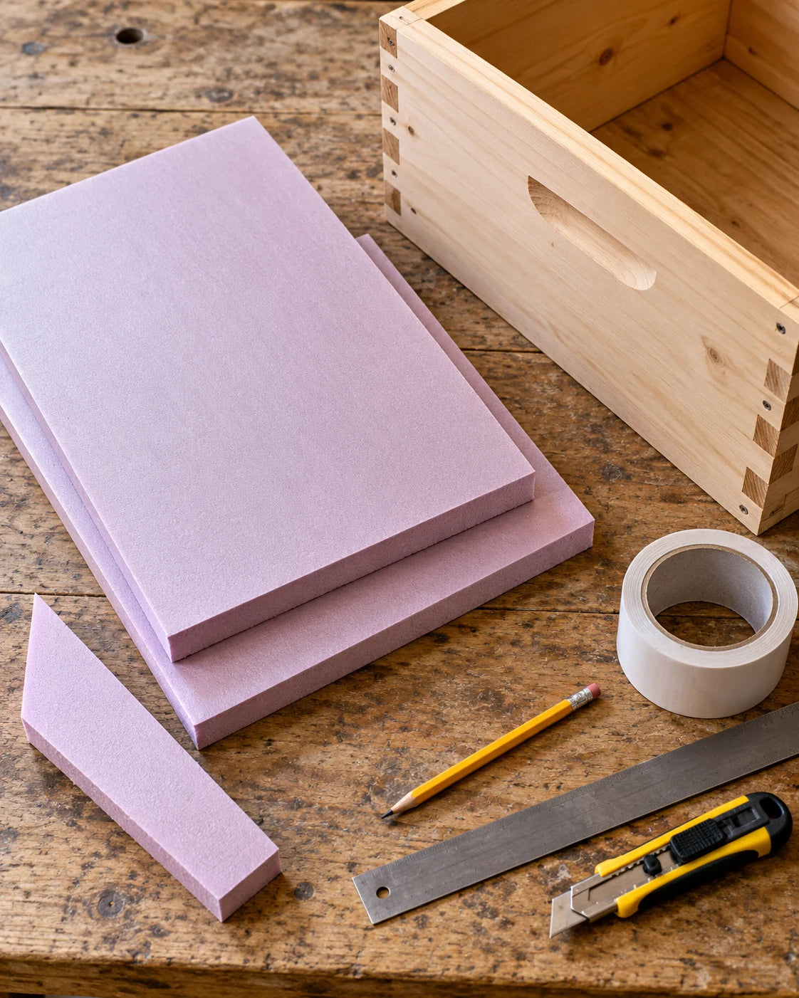 Illustrative covering panels and tools laid on a workbench.