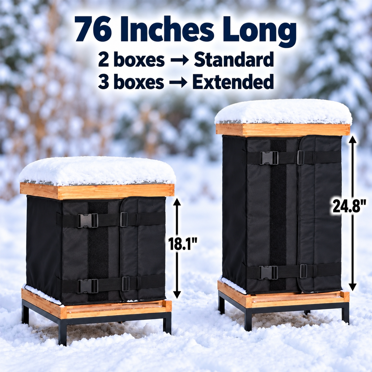 Snowy Standard and Extended wrap comparison with 18.1-inch and 24.8-inch height arrows.